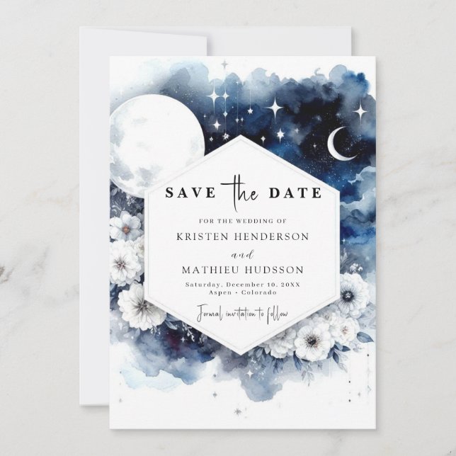 Whimsical Blue Moonlit Wedding Save The Date (Front)