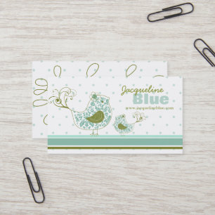 Whimsical Blue Mummy And Baby Bird Damask Swirls Business Card