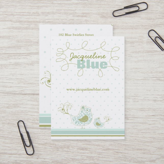 Whimsical Blue Mummy And Baby Bird Damask Swirls Business Card (Front/Back In Situ)