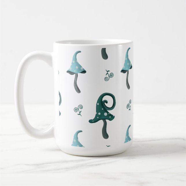Whimsical Blue Mushroom Pattern Mug (Left)