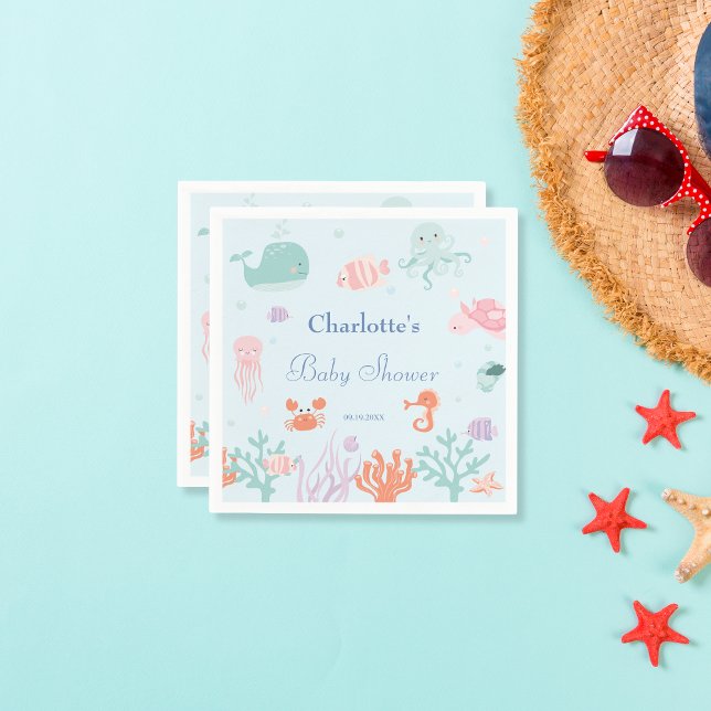 Whimsical Blue Ocean Animals Baby Shower Party Napkin (Creator Uploaded)