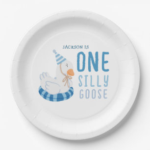 Whimsical Blue One Silly Goose First Birthday Paper Plate