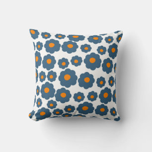 Whimsical Blue & Orange Floral Retro, Cheerful Cushion