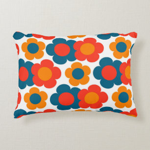 Whimsical Blue & Orange Floral Retro Cheerful Decorative Cushion