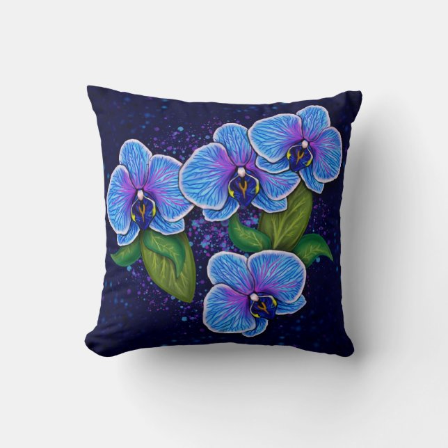 Whimsical Blue Orchid Flower Painting Cushion (Front)