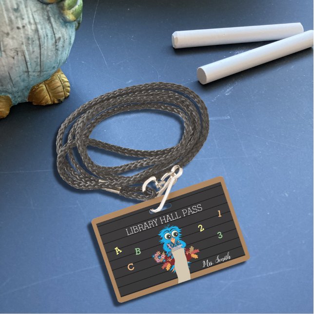 Whimsical Blue Owl Horizontal Hall Pass Badge ID Badge (Creator Uploaded)