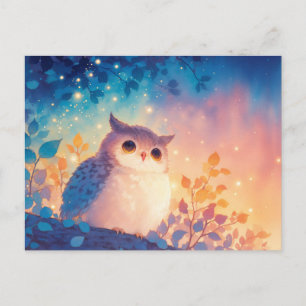 Whimsical Blue Owl in Golden Sunset Forest Postcard