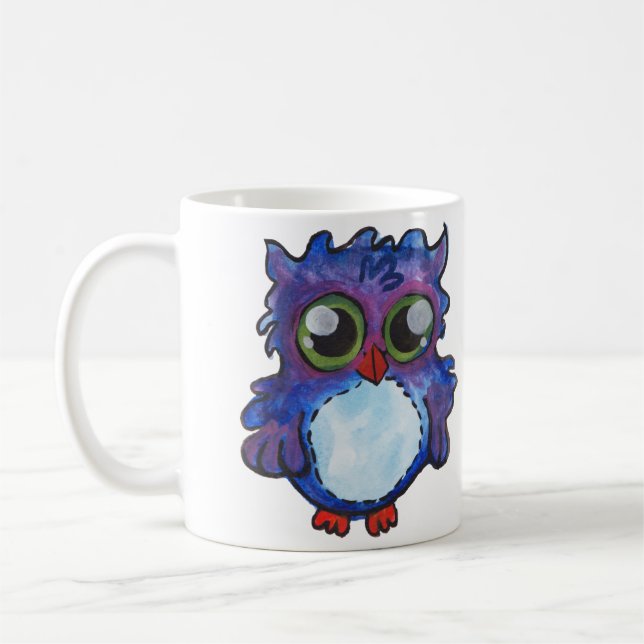 Whimsical Blue Owl Mug - Wide Awake Now! (Left)