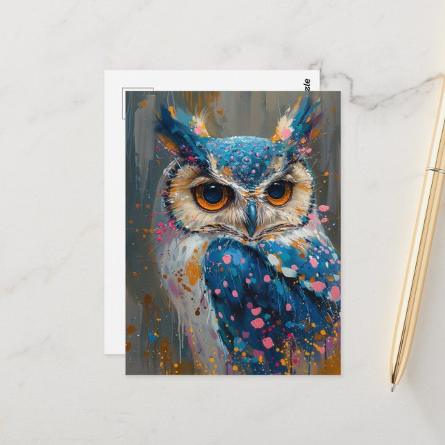 whimsical blue owl paint splatters postcard (Front/Back In Situ)