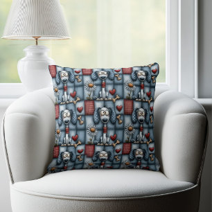 Whimsical Blue Patchwork Dog Pattern Cushion