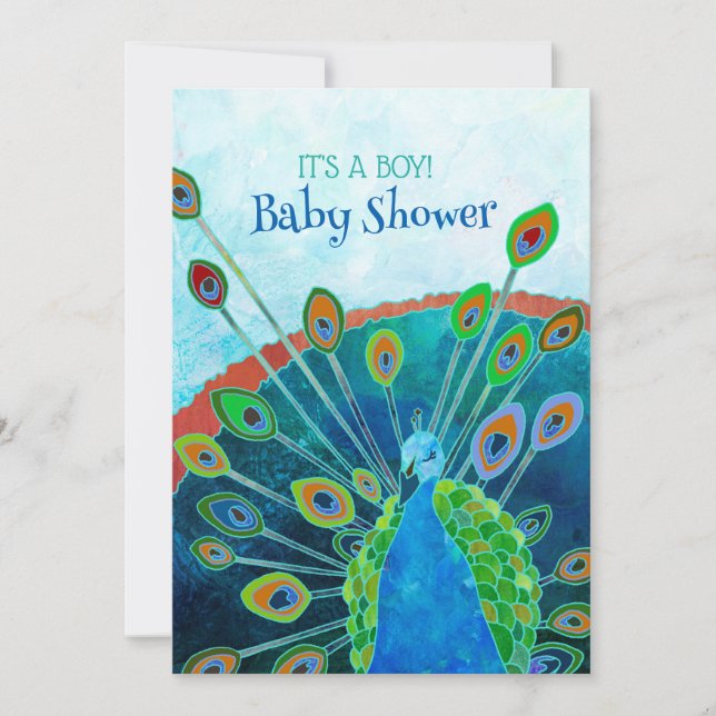 Whimsical Blue Peacock Baby Boy Shower Invitation (Front)