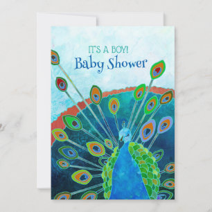 Whimsical Blue Peacock Baby Boy Shower Invitation