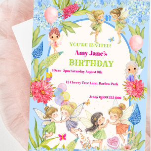 Whimsical Blue & Pink Fairy Birthday Invitation 