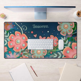 Whimsical Blue Pink Floral Heart Personalised Desk Mat