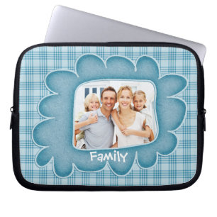 Whimsical Blue Plaid Family Photo Laptop Sleeve