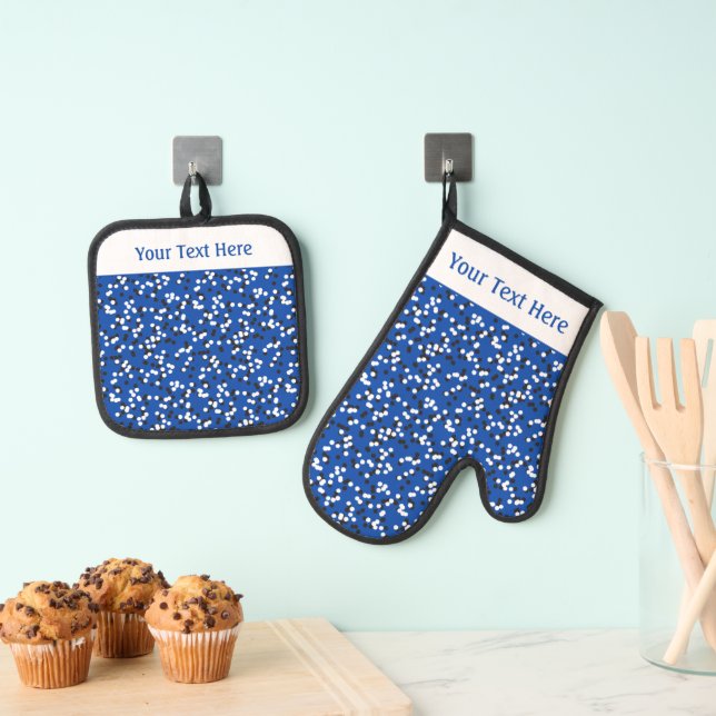 Whimsical Blue Polka Dot Doodles Pattern Oven Mitt & Pot Holder Set (Insitu(Hanging))
