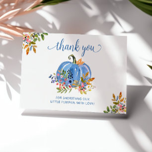 Whimsical Blue Pumpkin Autumn Floral Baby Shower Thank You Card