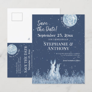 Whimsical Blue Rabbit Bunny Moon Stars Wedding  Announcement Postcard