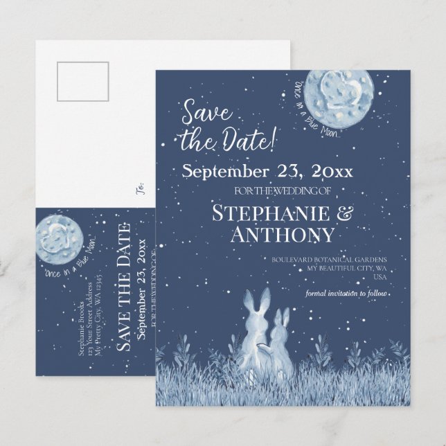 Whimsical Blue Rabbit Bunny Moon Stars Wedding  Announcement Postcard (Front/Back)