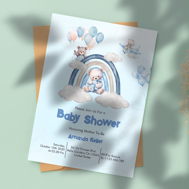 Whimsical Blue Rainbow Teddy Bear Baby Shower  Invitation (Creator Uploaded)