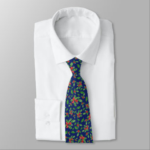 Whimsical Blue Red and Green Holly Christmas Tie