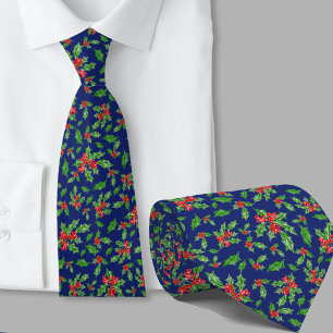 Whimsical Blue Red and Green Holly Christmas Tie
