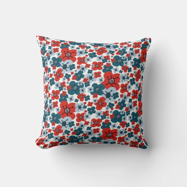 Whimsical Blue, Red and White Flower Pattern Cushion (Front)