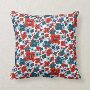Whimsical Blue, Red and White Flower Pattern Cushion