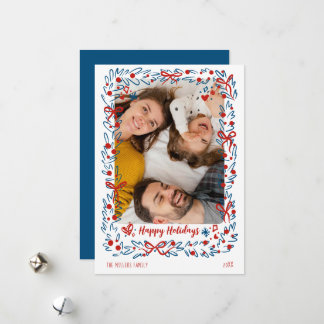 Whimsical blue red Christmas Photo Card wreath