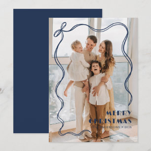 Whimsical Blue Ribbon Family Photo Merry Christmas Holiday Card