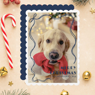 Whimsical blue Ribbon Pet Photo Merry Christmas Holiday Card