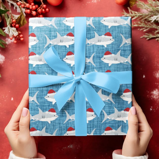 Whimsical Blue Shark Santa Hat Design Wrapping Paper (Shark Santa Blue Fabric Look Background Wrapping Paper)