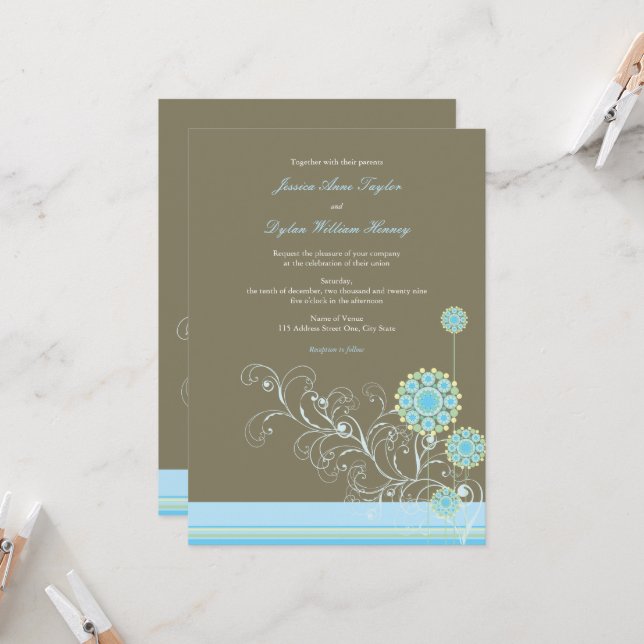 Whimsical Blue Snow Flower Swirls Winter Wedding Invitation (Front/Back In Situ)