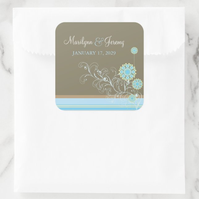 Whimsical Blue Snow Flower Swirls Winter Wedding Square Sticker (Bag)