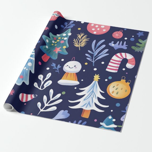 Whimsical blue snowman wrapping paper (Unrolled)