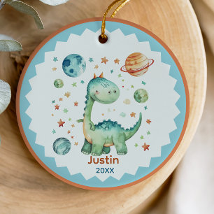 Whimsical Blue Space Dinosaur Kids Keepsake Ceramic Ornament
