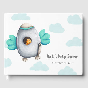 Whimsical Blue Spaceship and Chicken Baby Shower  Guest Book