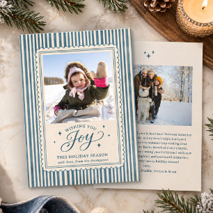 Whimsical Blue Striped Photo Scalloped Holiday Card
