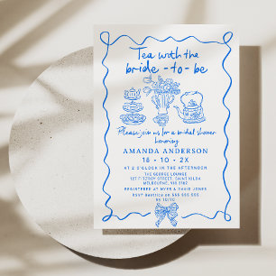 Whimsical Blue Tea Hand Drawn Bridal Shower  Invitation