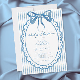 Whimsical Blue Watercolor Bow Stripe Baby Shower Invitation