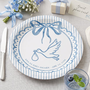 Whimsical Blue Watercolor Bow Stripe Baby Shower Paper Plate