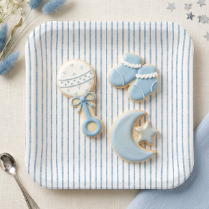 Whimsical Blue Watercolor Bow Stripe Baby Shower Paper Plate