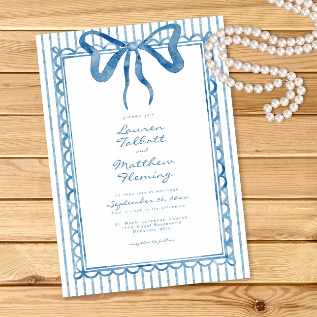 Whimsical Blue Watercolor Bow Stripe Wedding Invitation (Creator Uploaded)