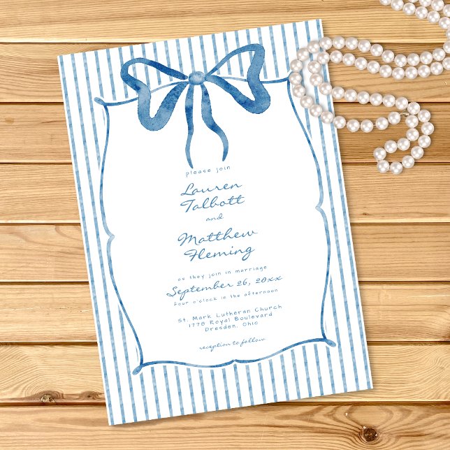 Whimsical Blue Watercolor Bow Stripe Wedding Invitation (Creator Uploaded)