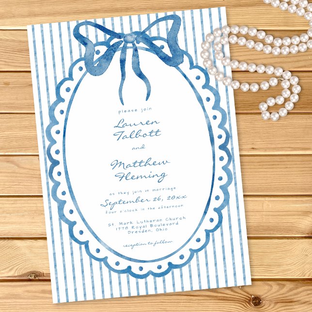 Whimsical Blue Watercolor Bow Stripe Wedding Invitation (Creator Uploaded)