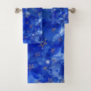 Whimsical Blue Watercolor Gold Bronze Moon Stars Bath Towel Set