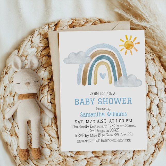 Whimsical Blue Watercolor Rainbow Baby Shower Invitation (Creator Uploaded)
