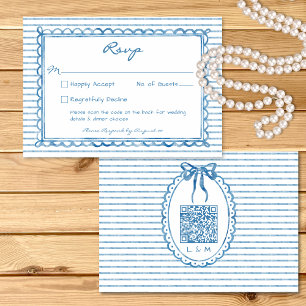 Whimsical Blue Watercolor Stripe Wedding QR RSVP Card