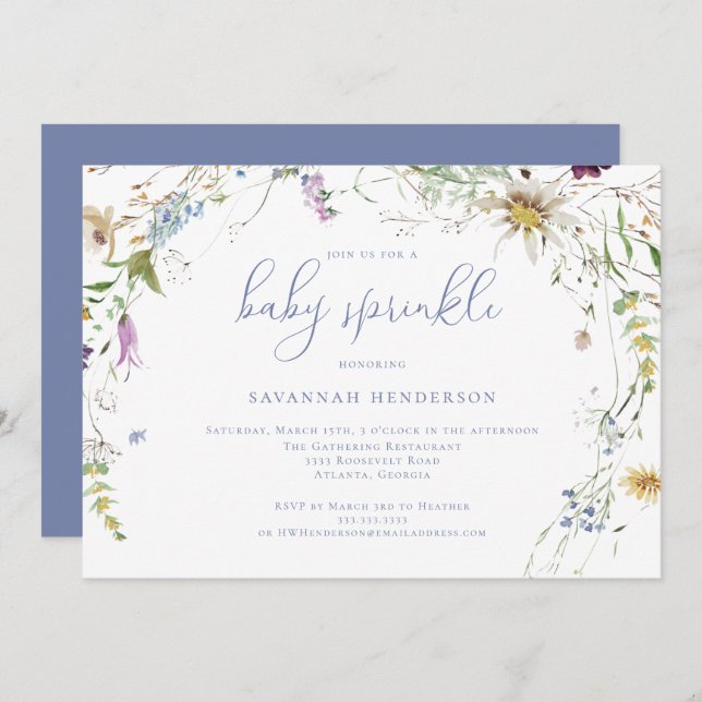Whimsical Blue Watercolor Wildflower Baby Sprinkle Invitation (Front/Back)