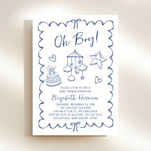 Whimsical Blue Wavy Frame Baby Boy Shower Invitation